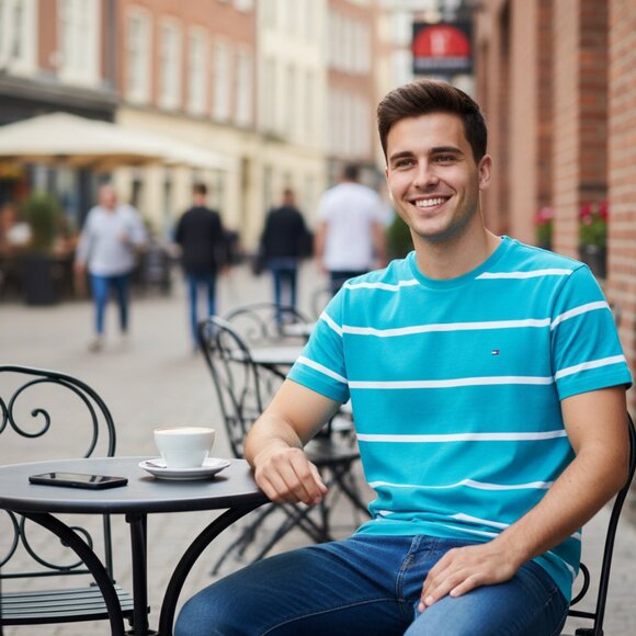 Tommy Hilfiger Sz L Turquoise Blue T-Shirt w/White Stripes L/L Round Neckline - Picture 5 of 7
